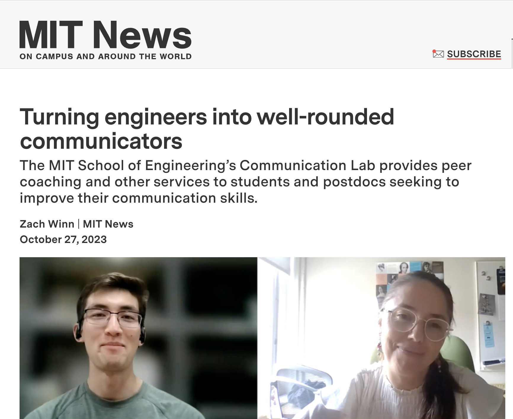 Screenshot of MIT News article with headline and text at he top and two images of students at the bottom